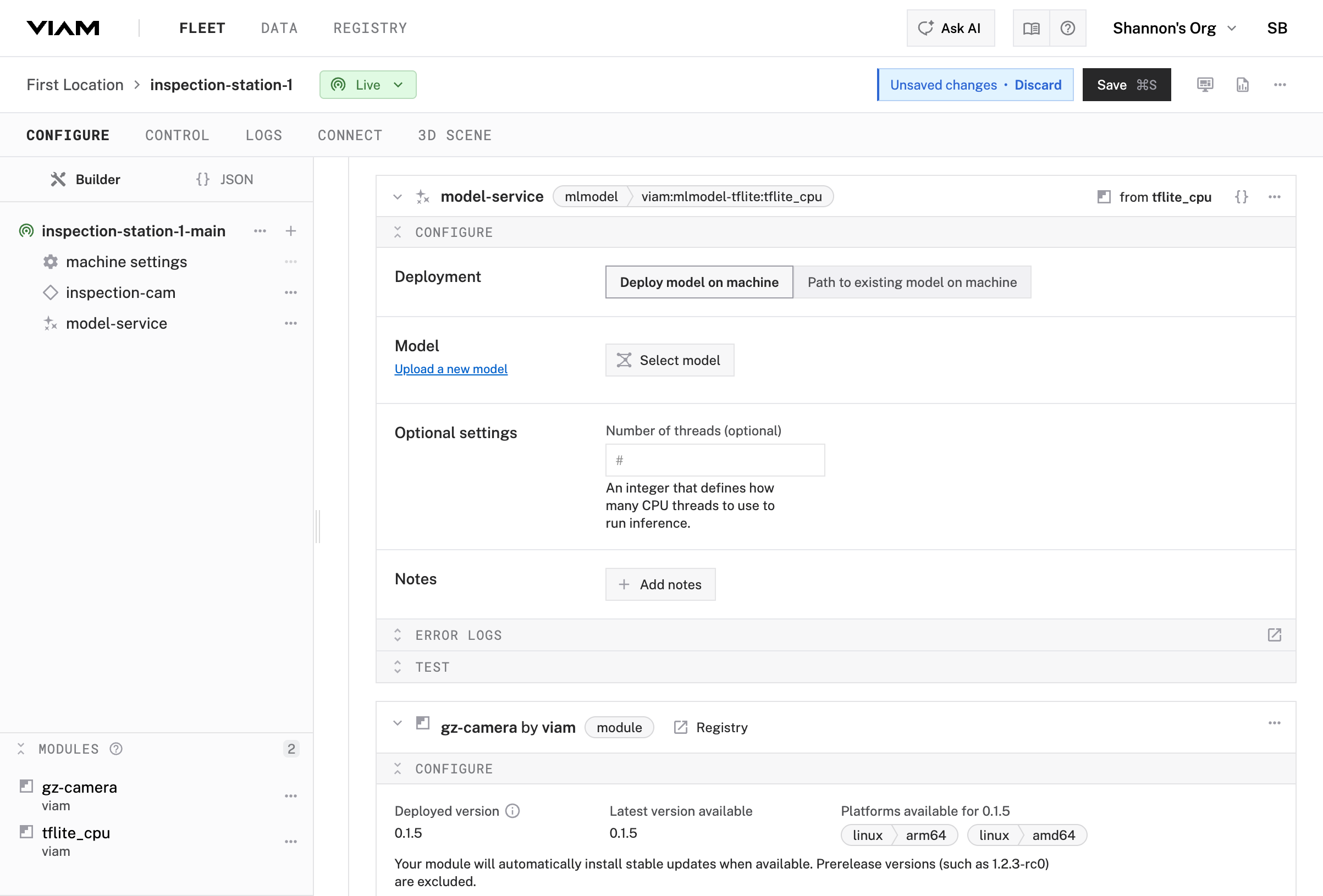 ML model service configuration panel showing the model-service with Select model button and TFLite CPU module.