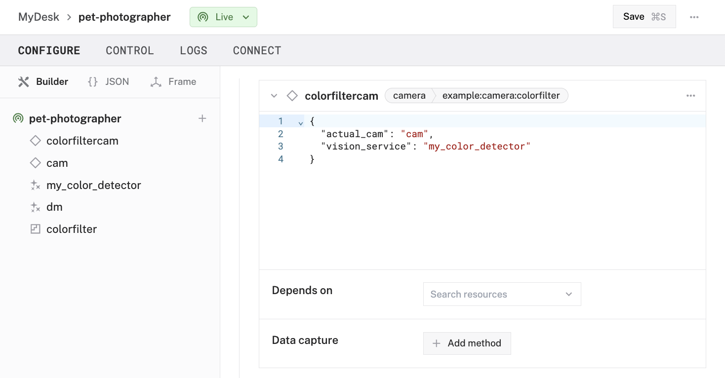 A component panel for a color filter modular resource with the attributes filled out for vision service and actual_cam